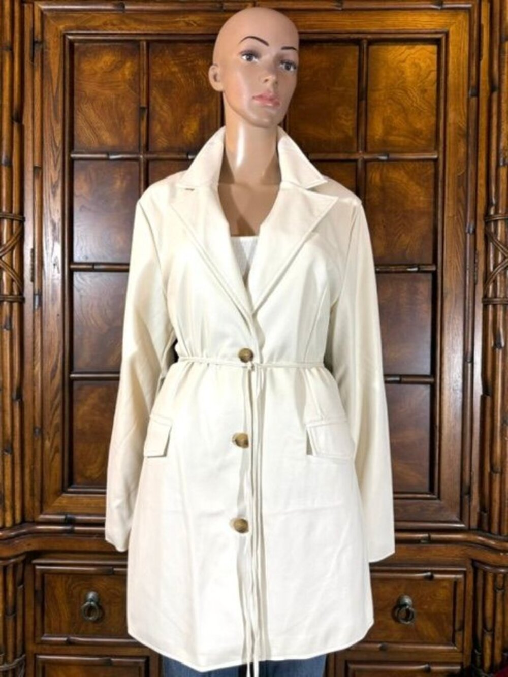 Forever 21 Premium Label Ivory Faux Leather Belted Car Coat
